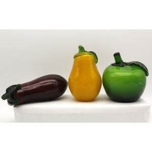 Art Glass Set of 3 Fruits Veggie Pear Apple Eggplant Hand Blown Applied Stem VTG